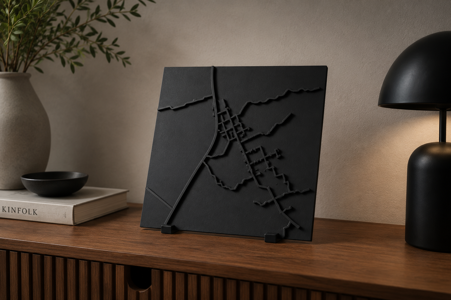Kvadratisk svart StreetPrint-relief stående på medföljande stativ